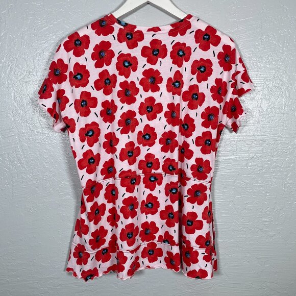 LOGO Lori Goldstein Women M Red Pink Floral Poppy Print Flutter Sleeve Shirt - Picture 6 of 11